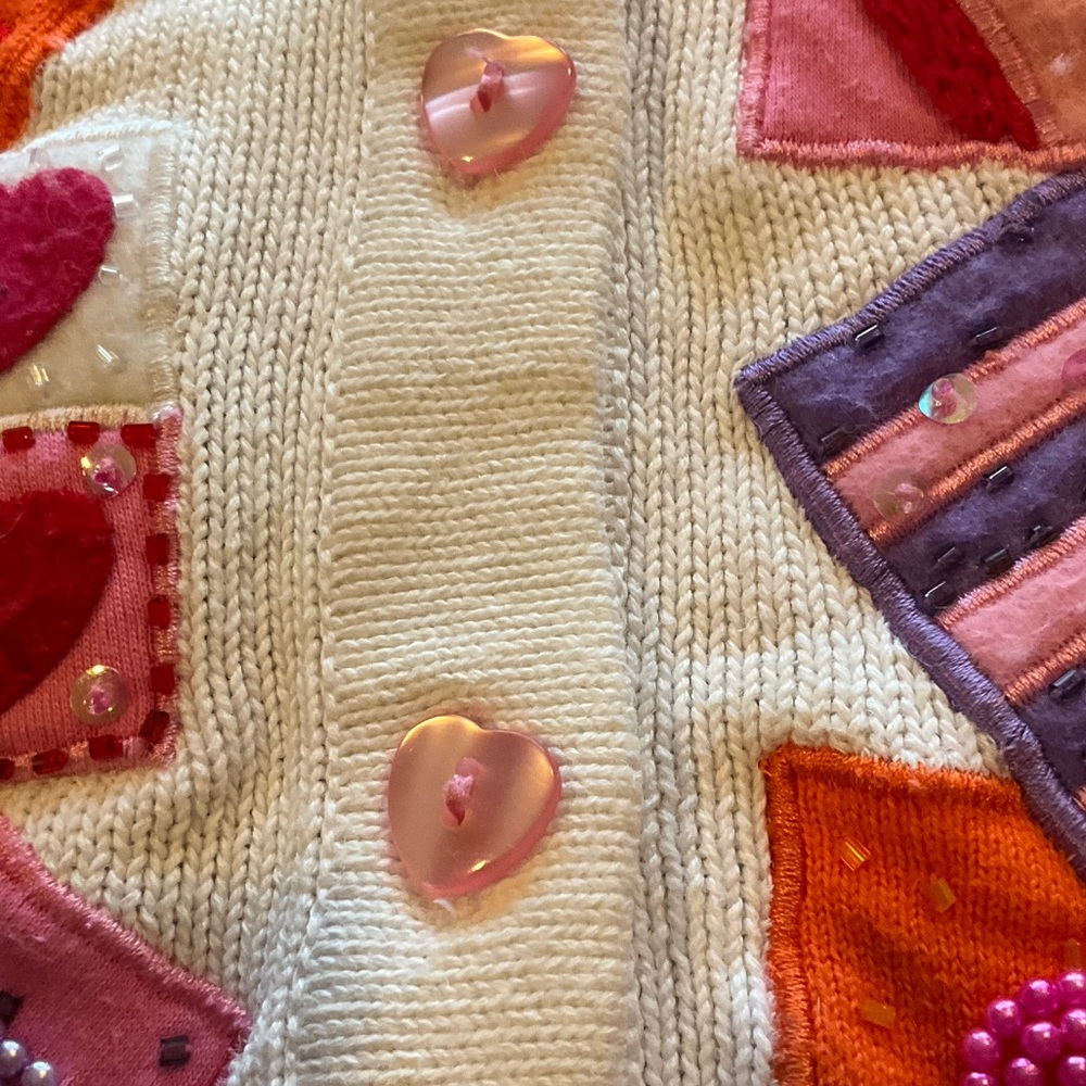 Jack B. Quick large embroidered sequined pearled Valentine cardigan sweater - Picture 11 of 15